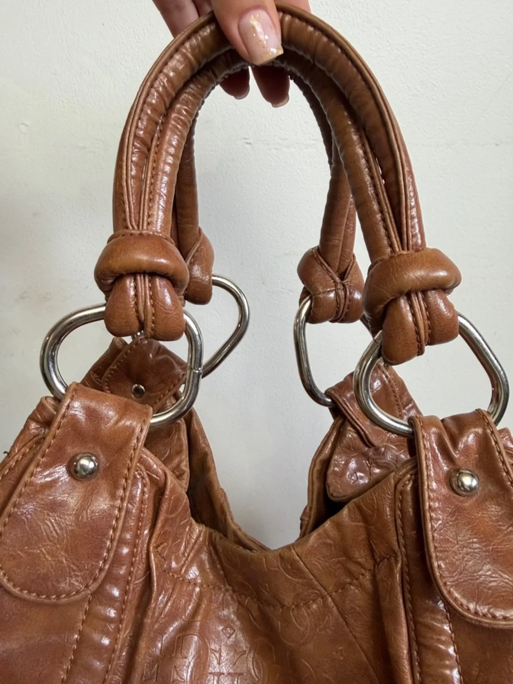 GUESS Vintage Brown Leather Hobo Bag Monogram Logo Y2K Shoulder Bag - Picture 9 of 14